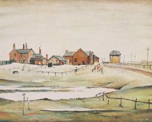 ‡ LAWRENCE STEPHEN LOWRY (English, 1887-1976) offset lithograph - landscape with farm buildings,