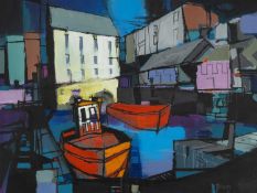 ‡ JAMES PRIDDEY (English, 1916-1980) gouache on card - fishing boats in a small harbour with