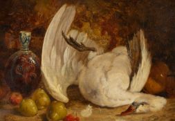 GEORGE LANCE (English, 1802-1864) oil on canvas - still life of swan, fruit & vase, signed, 24 x