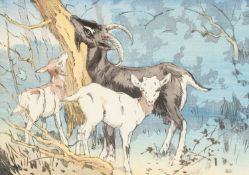 ALLEN W. SEABY (English, 1867-1953) colour woodcut - entitled verso 'Goat and Kids', signed, 22 x