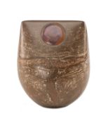 ‡ PETER HAYES (English, b.1946) ceramic sculpture - raku bow form with inlaid copper disc, incised