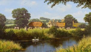 EDWARD HERSEY (English, b. 1948) oil on canvas - farm landscape with cattle in a meadow and swans