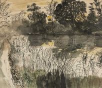 ‡ JOHN O'CONNOR (English, 1913-2004) ink & wash - river/lake scene at dusk with reeds and foliage to