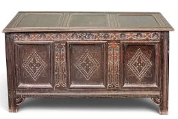 19TH CENTURY OAK COFFER with three carved panels, 169 (h) x 130 (w) x 58cms (d) Provenance: