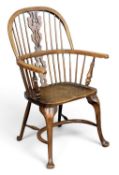 WINDSOR ELBOW CHAIR with spindle and hoop back, crinoline stretcher, 100 (h) x 59 (w) x 33cms (d)