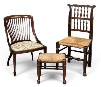 THREE VINTAGE CHAIRS, to include rush-seated chair and stool, and another Provenance: deceased
