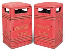 RETRO COCA COLA ADVERTISING DUST BINS, plastic with galvanised bucket interiors, 95 (h) x 55 (w) x