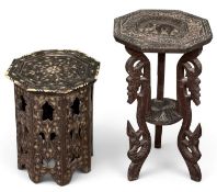 TWO INDIAN CARVED OCCASIONAL TABLES, one with bone inlay, 65 (h) x 38cms² the tallest Provenance: