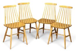 SET OF FOUR SPINDLE-BACK CHAIRS in light wood, 81 (h) x 41 (w) x 37cms (d) Provenance: deceased