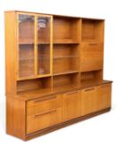 MID-CENTURY TEAK TYPE MEREDEW LOUNGE / WALL UNIT, three sectional, 166 (h) x 201 (w) x 46cms (d)