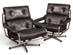 PAIR OF MID-CENTURY PIEFF BLACK LEATHER & CHROME SWIVEL ARMCHAIRS, 90 (h) x 85 (w) x 100cms (d)