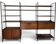 LADDERAX SHELVING SYSTEM, four uprights with multi-shelves, two drop-down surface sections and a