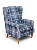GOOD MODERN WINGBACK ARMCHAIR in blue coloured check pattern, 115 (h) x 82 (w) x 88cms (d)
