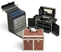 TWO MODERN COSMETIC CARRY CASES, 27 (h) x 34 (w) x 22cms (d); and a vintage vinyl multi-drawer /