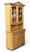 FARMHOUSE PINE DRESSER with twin-glazed door top, base with two drawers and two doors, 201 (h) x 100