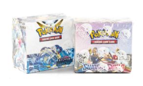 POKÉMON SWORD & SHIELD: BASE SET & SILVER TEMPEST, two factory-sealed booster boxes, each box