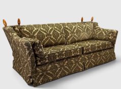 SAGE GREEN DAMASK THREE SEATER KNOLE SOFA, 100 (h) x 220 (w) x 100cms (d) Provenance: private