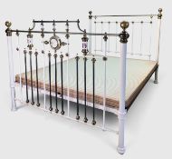 REFURBISHED ANTIQUE BRASS & IRON KING SIZE BED, decorative castings & neoclassical printed porcelain