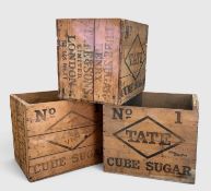 THREE VINTAGE TATE & LYLE SUGAR CUBE WOODEN CRATES, stencilled branding, 44 (h) x 52 (w) x 38cms (d)