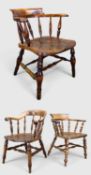 THREE VICTORIAN SMOKER'S BOW WINDSOR ARMCHAIRS, with double H-stretcher, 76, 80 & 88cms (h) (3)