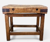 ANTIQUE G. RUSHBROOKE (SMITHFIELD) LTD BUTCHERS BLOCK, metal corner straps, metal plaque to base, 82