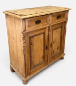 PINE KITCHEN CUPBOARD, two frieze drawers over two cupboards, fixed shelving within, 101 (h) x