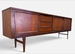 MID-CENTURY DANISH INSPIRED TEAK LONG JOHN SIDEBOARD, three sliding cupboard doors, adjustable