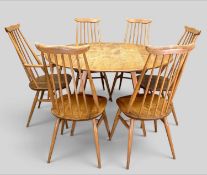 MID-CENTURY ERCOL DINING SUITE comprising, dropleaf table, model 384, 71 (h) x 113 (w) x 125cms (