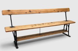 UNUSUAL ANTIQUE PINE & CAST IRON 'TRAM' BENCH, cast iron arched ends stamped 'T. Jones