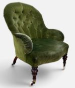 VICTORIAN BUTTON-BACK ARMCHAIR, moss-green dralon/velvet upholstery, ring-turned front legs, swept