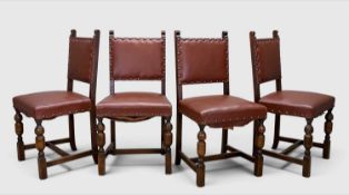FOUR JACOBEAN REVIVAL STUDDED LEATHER OAK DINING CHAIRS, 92 (h) x 47cms (w) Provenance: consigned
