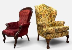 TWO ANTIQUE ARMCHAIRS comprising Georgian-style wingback, cabriole legs, foliate carved knees,