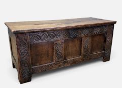 SMALL ANTIQUE CARVED OAK COFFER, 50 (h) x 115 (w) x 45cms (d) Provenance: private collection