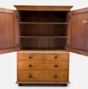 ANTIQUE PINE KITCHEN CUPBOARD, two part construction, upper: two cupboard doors, two fixed shelves