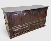 LARGE ANTIQUE OAK MULE CHEST, triple-panel hinged top, four arched panels to front, later iron