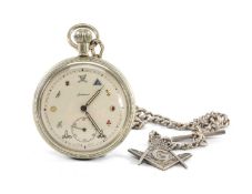 MASONIC INTEREST: FRATERNAL NICKEL-CASED KEYLESS POCKET WATCH, the cream-coloured dial having