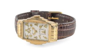 MASONIC INTEREST: BULOVA WRISTWATCH, gold-filled 'skyscraper' case, Masonic symbols as hour
