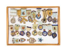 MASONIC INTEREST: SILVER-GILT & ENAMEL JEWELS with silk ribbons, approx. 590g (gross) (16)