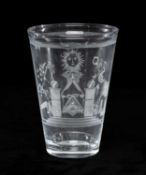 MASONIC INTEREST: LARGE GLASS TUMBLER etched with Masonic symbols, 17cms (h) Provenance: private