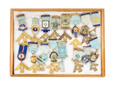 MASONIC INTEREST: SILVER-GILT & ENAMEL JEWELS with silk ribbons, approx. 446g (gross) (22)