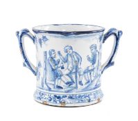 MASONIC INTEREST: ENGLISH TIN-GLAZED EARTHENWARE TWO-HANDLED FROG MUG, circa 1820, the exterior