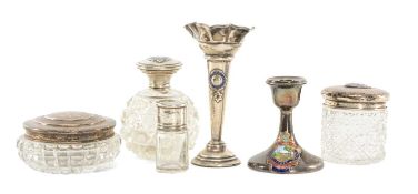MASONIC INTEREST: SILVER COLLECTABLES comprising a silver trumpet-form vase with enamel crest, 13cms