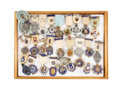 MASONIC INTEREST: SILVER-GILT & ENAMEL JEWELS with silk ribbons, approx. 608g (gross) (27)