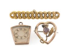 MASONIC INTEREST: 9CT GOLD CURB-LINK BAR BROOCH, 45mms, 2.2g; late Victorian 9ct gold thistle and