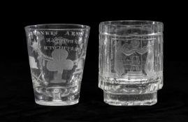MASONIC INTEREST: TWO 19TH CENTURY FIRING GLASSES, the bowls engraved with Masonic symbols, 12 and