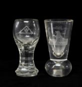 MASONIC INTEREST: TWO VICTORIAN FIRING GLASSES, the bowls engraved with Masonic symbols, 14cms (h)