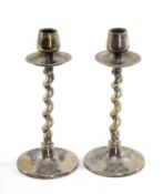 MASONIC INTEREST: PAIR OF EPNS CANDLESTICKS with spiral columns, the circular bases cast with square