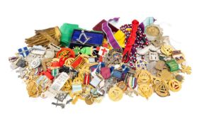 MASONIC INTEREST: LARGE & INTERESTING COLLECTION OF JEWELS in gilt metal and silver plate, contained