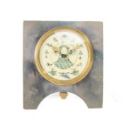 MASONIC INTEREST: SILVER-PLATED DESK CLOCK, the circular dial decorated with Masonic symbols, case