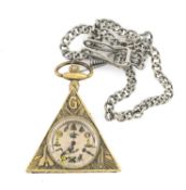 MASONIC INTEREST: POCKET WATCH, triangular brass case, keyless movement, circular dial decorated